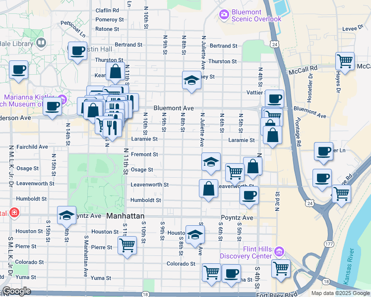 map of restaurants, bars, coffee shops, grocery stores, and more near 804 Laramie Street in Manhattan