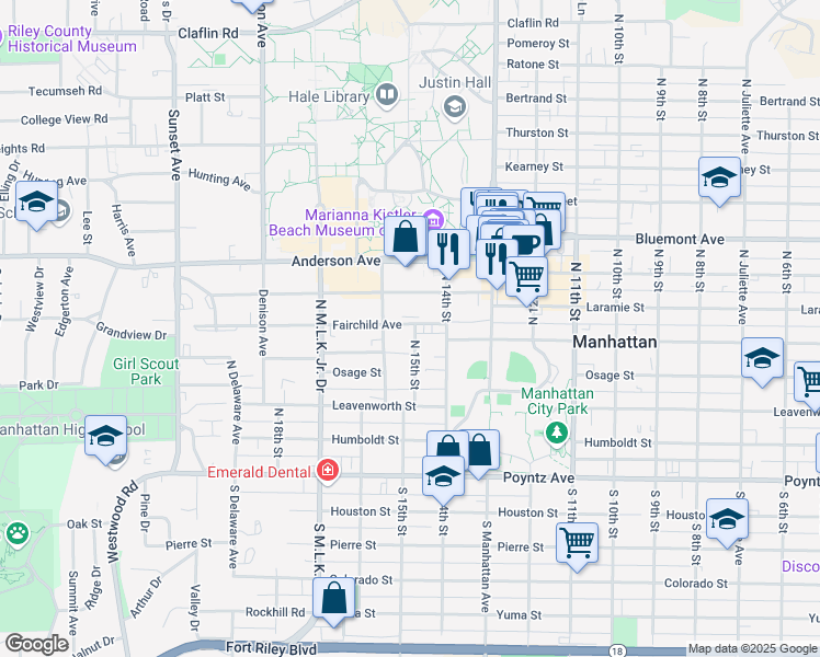 map of restaurants, bars, coffee shops, grocery stores, and more near 1414 Fairchild Avenue in Manhattan