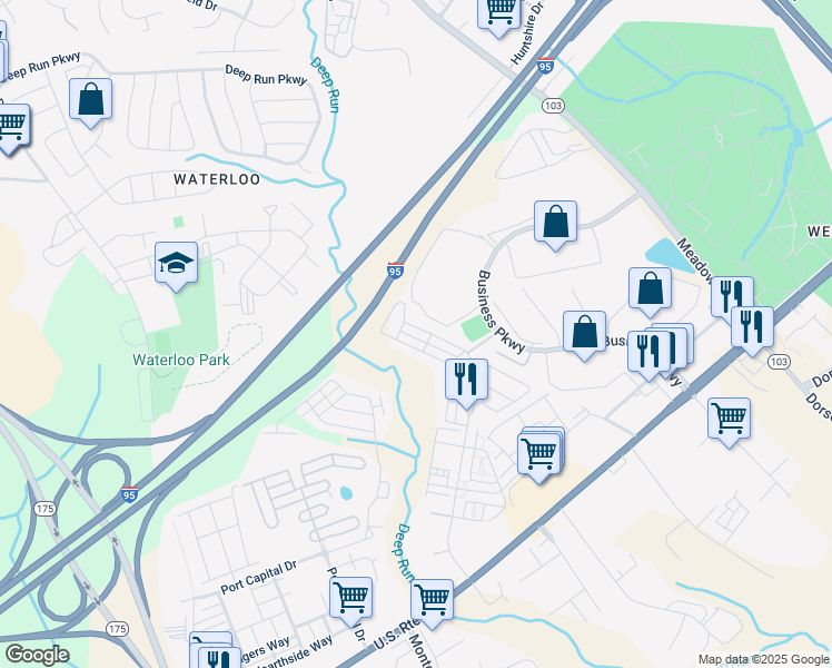map of restaurants, bars, coffee shops, grocery stores, and more near 8059 Blue Stream Drive in Elkridge