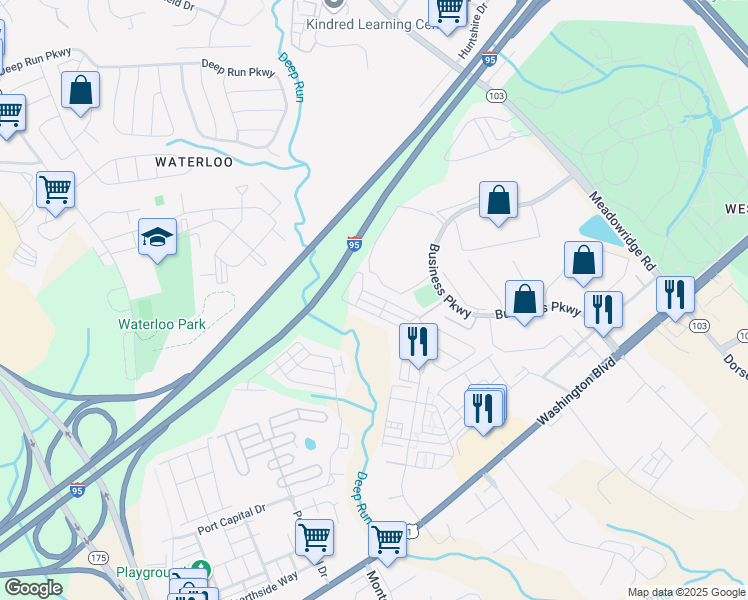 map of restaurants, bars, coffee shops, grocery stores, and more near 8059 Blue Stream Drive in Elkridge