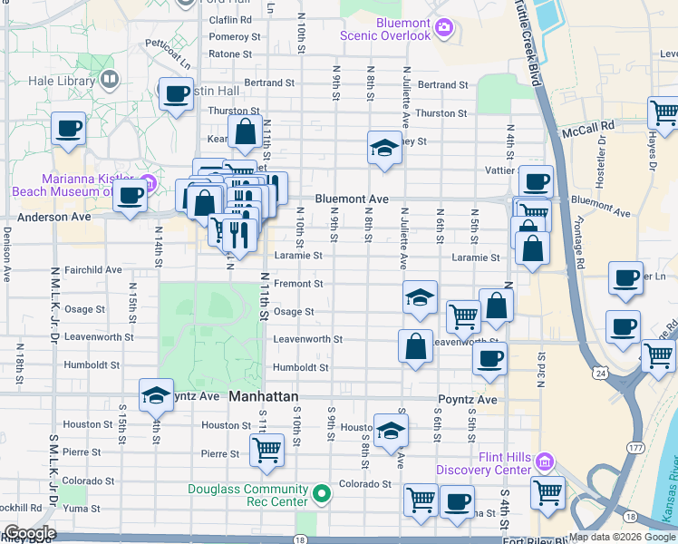 map of restaurants, bars, coffee shops, grocery stores, and more near 901 Laramie Street in Manhattan