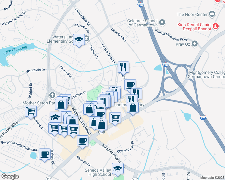 map of restaurants, bars, coffee shops, grocery stores, and more near 19914 Crystal Rock Drive in Germantown
