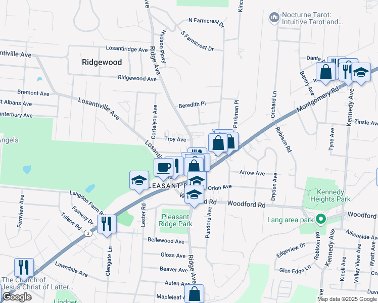 map of restaurants, bars, coffee shops, grocery stores, and more near 6165 Ridge Avenue in Cincinnati