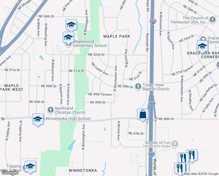 map of restaurants, bars, coffee shops, grocery stores, and more near 6833 NE Ridgeway Ave in Kansas City