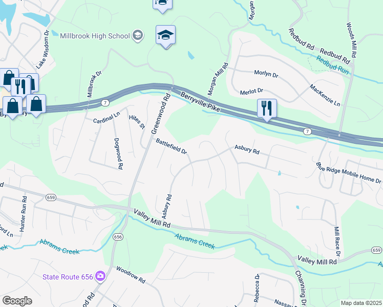 map of restaurants, bars, coffee shops, grocery stores, and more near 121 Battlefield Drive in Winchester