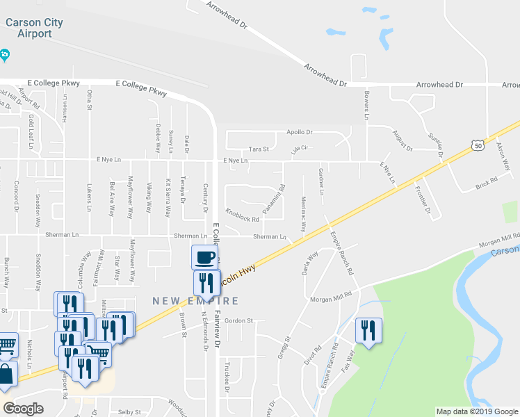 map of restaurants, bars, coffee shops, grocery stores, and more near 2660 Panamint Road in Carson City