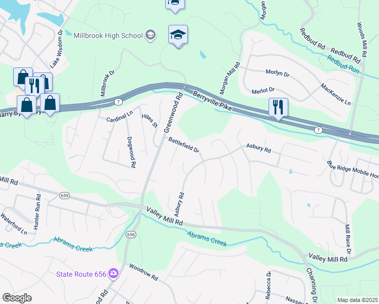 map of restaurants, bars, coffee shops, grocery stores, and more near 114 Battlefield Drive in Winchester