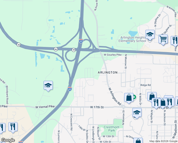 map of restaurants, bars, coffee shops, grocery stores, and more near 1403 Hickory Lane in Bloomington