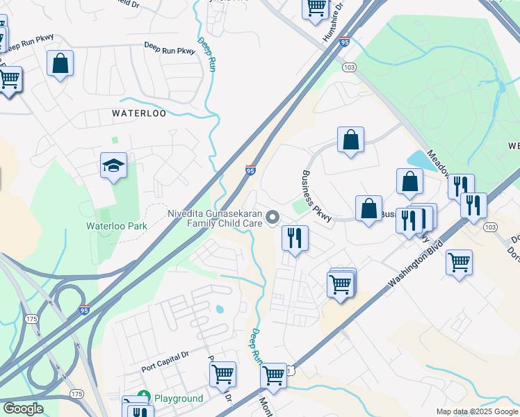 map of restaurants, bars, coffee shops, grocery stores, and more near 8065 Blue Stream Drive in Elkridge