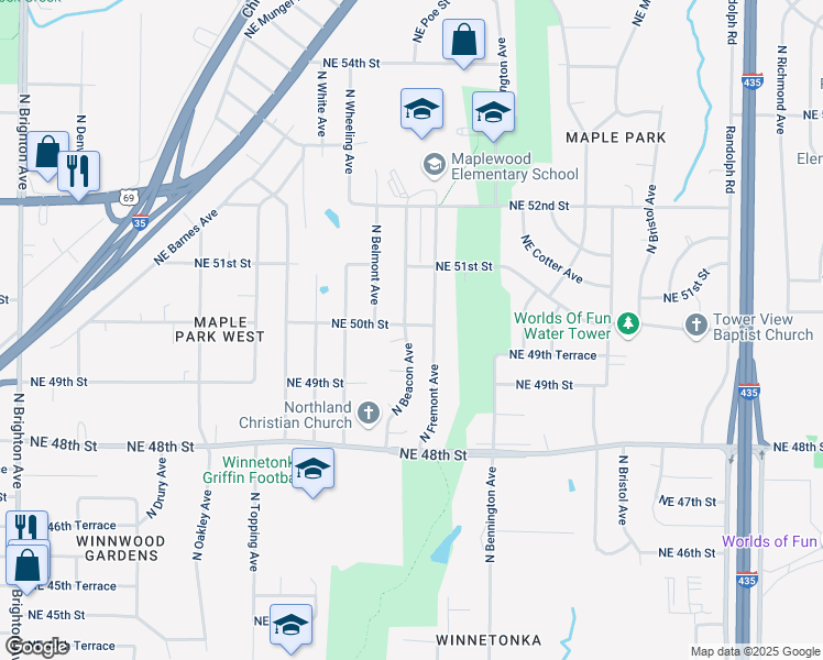 map of restaurants, bars, coffee shops, grocery stores, and more near 4931 North Beacon Avenue in Kansas City