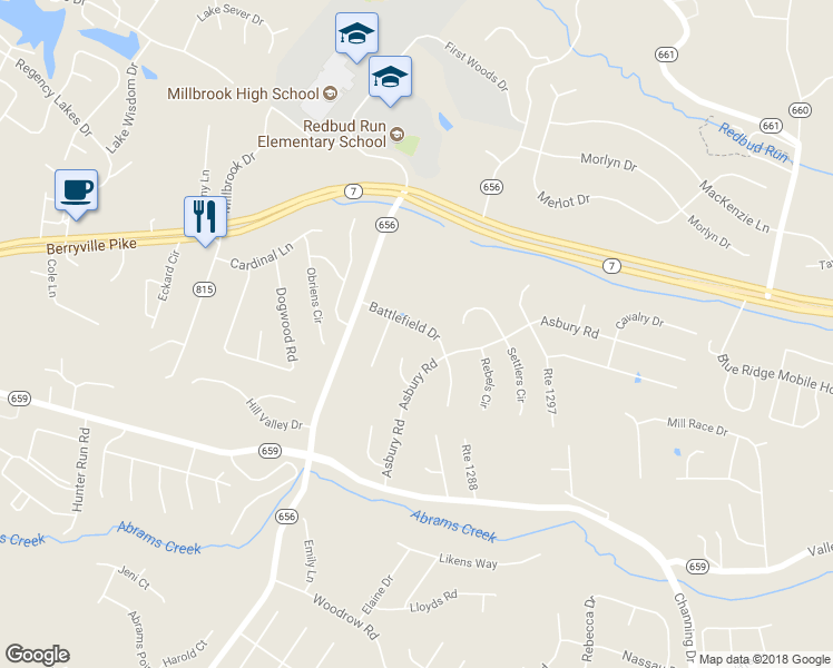 map of restaurants, bars, coffee shops, grocery stores, and more near 114 Battlefield Drive in Winchester