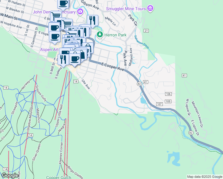 map of restaurants, bars, coffee shops, grocery stores, and more near 1106 Waters Avenue in Aspen