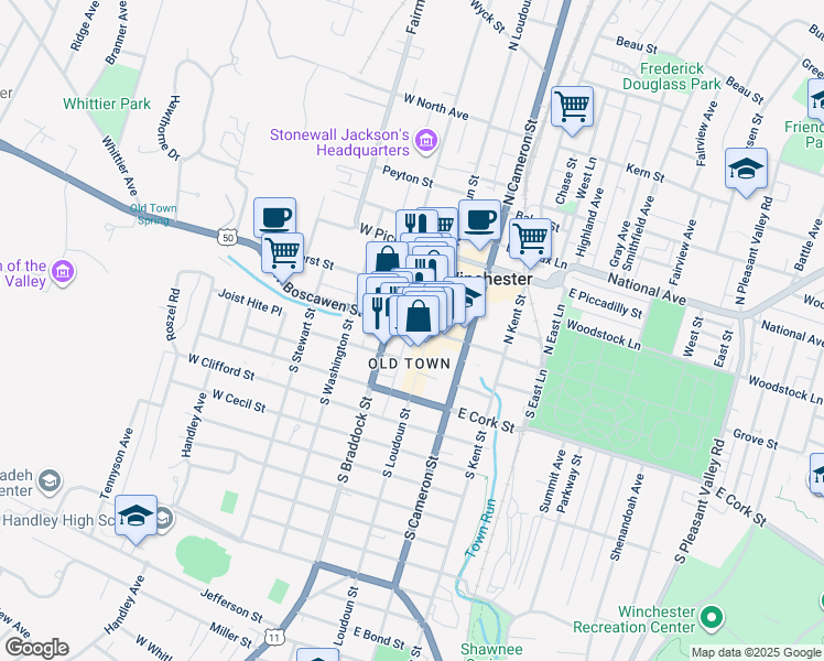 map of restaurants, bars, coffee shops, grocery stores, and more near 26 West Boscawen Street in Winchester