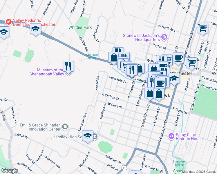 map of restaurants, bars, coffee shops, grocery stores, and more near 606 West Cork Street in Winchester