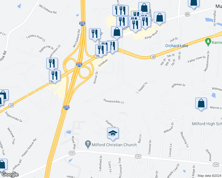 map of restaurants, bars, coffee shops, grocery stores, and more near 5823 Happy Hollow Road in Milford