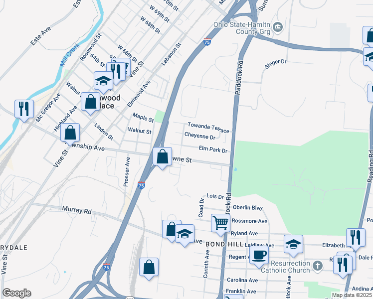 map of restaurants, bars, coffee shops, grocery stores, and more near 1034 Elm Park Drive in Cincinnati