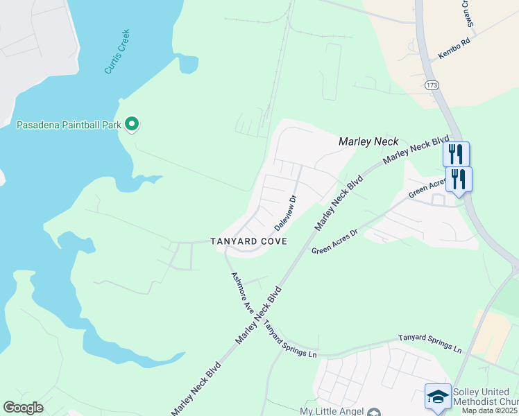 map of restaurants, bars, coffee shops, grocery stores, and more near 504 Pebblebrook Lane in Glen Burnie