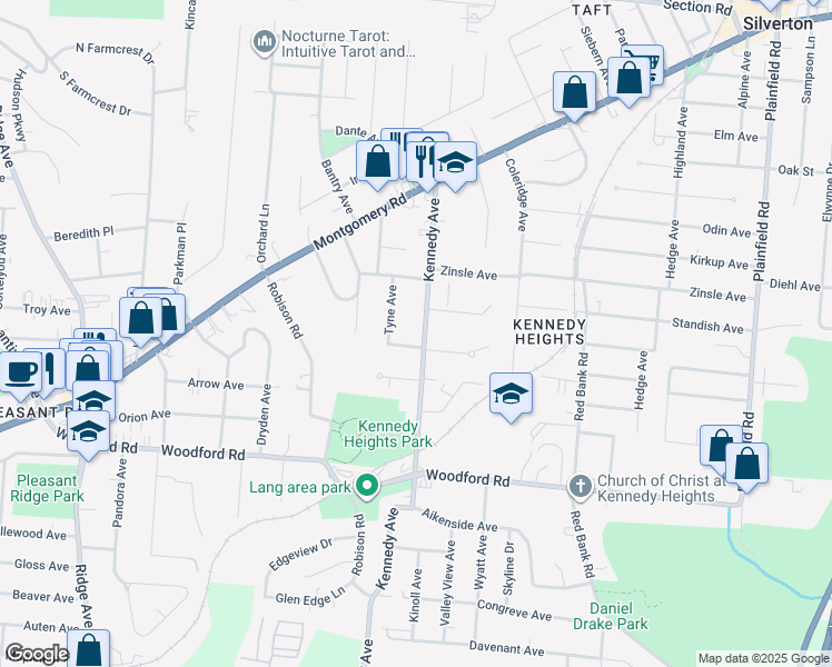 map of restaurants, bars, coffee shops, grocery stores, and more near 6211 Kennedy Avenue in Cincinnati