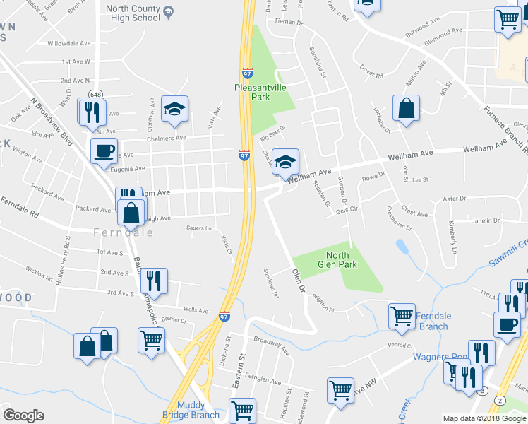 map of restaurants, bars, coffee shops, grocery stores, and more near 228 Olen Drive in Glen Burnie