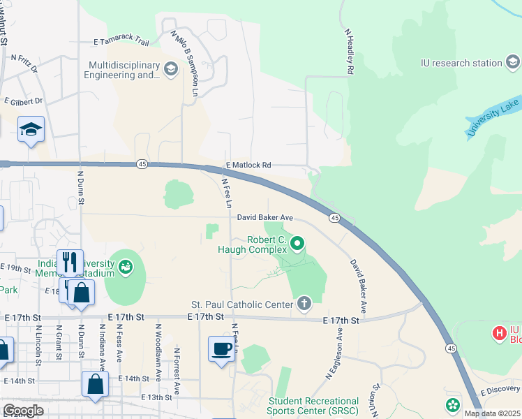 map of restaurants, bars, coffee shops, grocery stores, and more near 1968 North Jordan Avenue in Bloomington