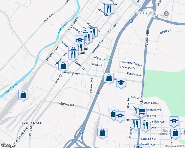 map of restaurants, bars, coffee shops, grocery stores, and more near 113 Linden Street in Cincinnati
