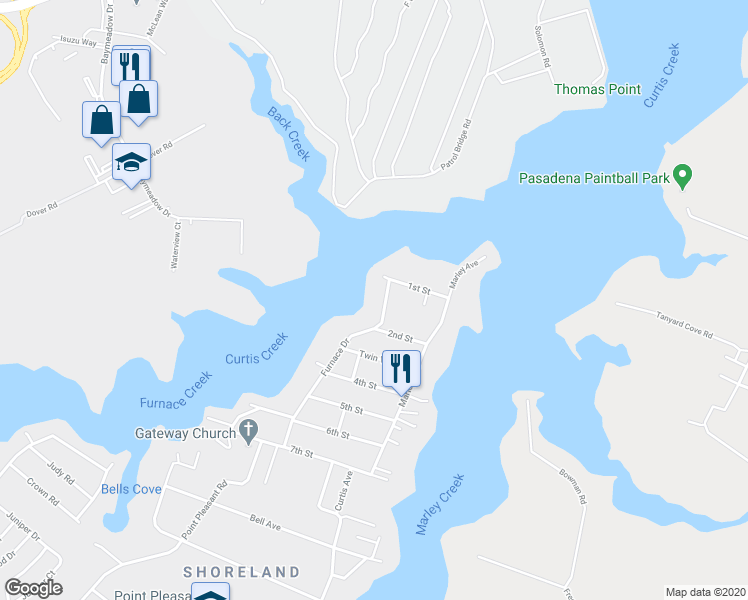 map of restaurants, bars, coffee shops, grocery stores, and more near 1702 Furnace Drive in Glen Burnie