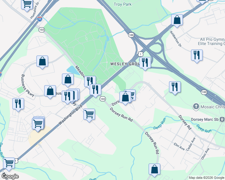 map of restaurants, bars, coffee shops, grocery stores, and more near 7012 Barnett Lane in Elkridge