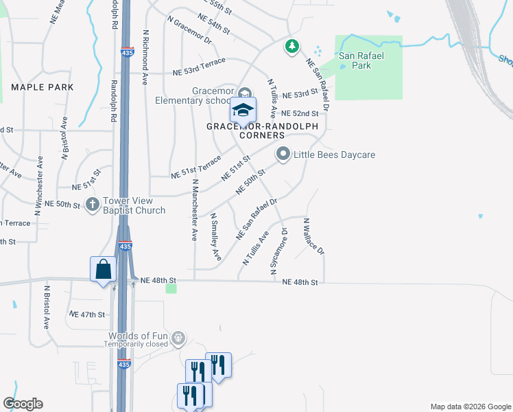 map of restaurants, bars, coffee shops, grocery stores, and more near 8040 Northeast San Rafael Drive in Kansas City