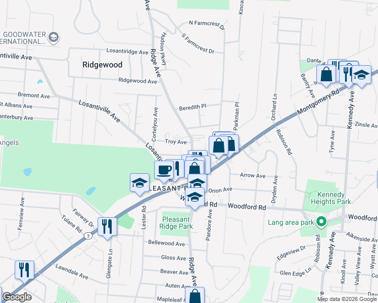 map of restaurants, bars, coffee shops, grocery stores, and more near 6165 Ridge Avenue in Cincinnati