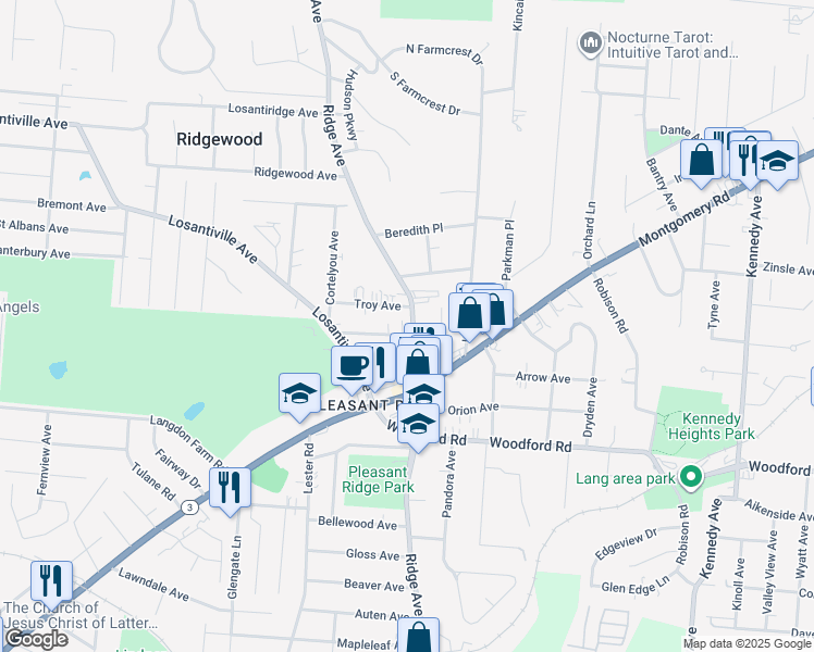 map of restaurants, bars, coffee shops, grocery stores, and more near 6165 Ridge Avenue in Cincinnati