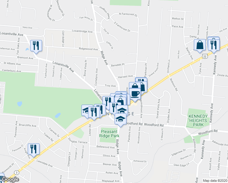 map of restaurants, bars, coffee shops, grocery stores, and more near 6165 Ridge Avenue in Cincinnati