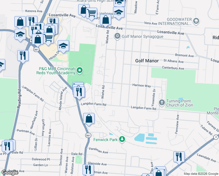 map of restaurants, bars, coffee shops, grocery stores, and more near 2249 Rosedale Avenue in Cincinnati