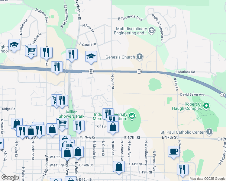 map of restaurants, bars, coffee shops, grocery stores, and more near 2047 North Dunn Street in Bloomington