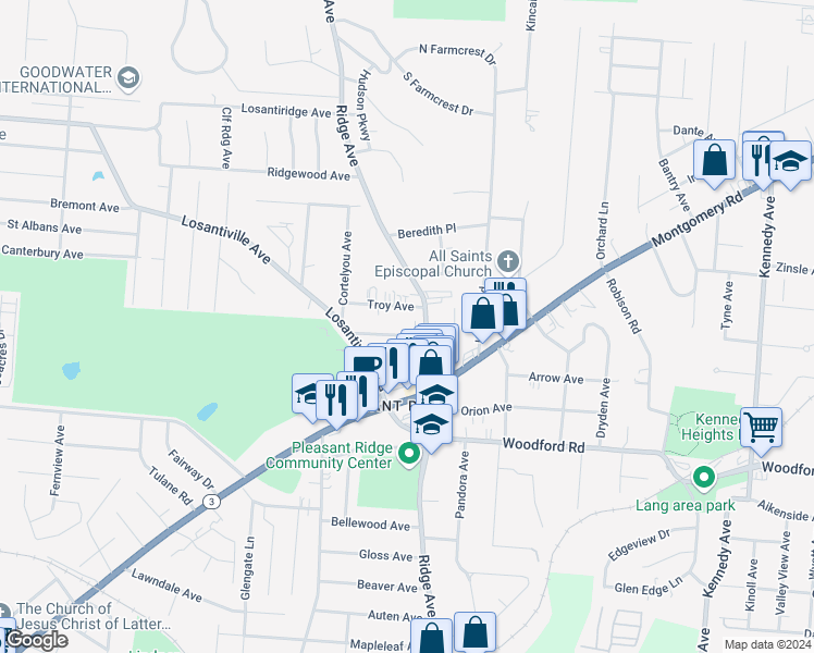 map of restaurants, bars, coffee shops, grocery stores, and more near 3150 Schubert Avenue in Cincinnati