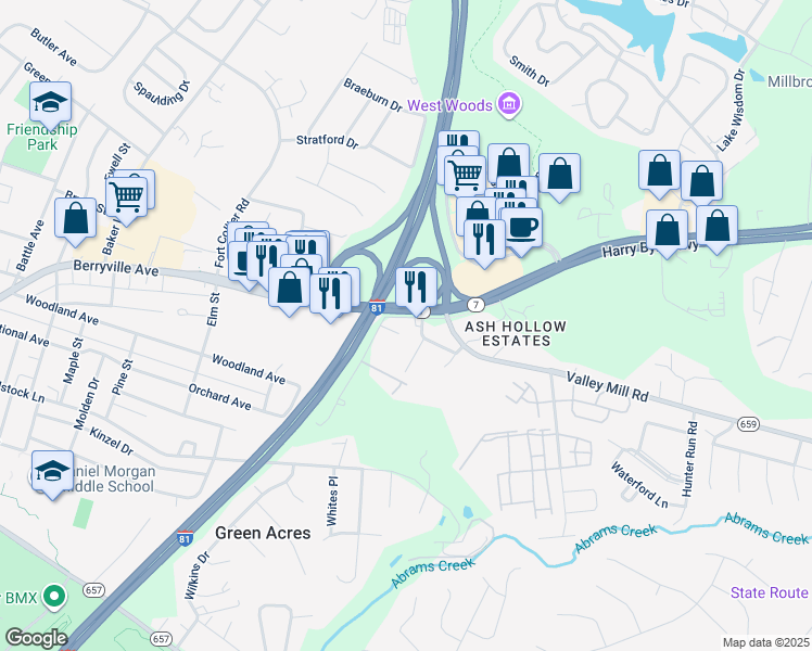 map of restaurants, bars, coffee shops, grocery stores, and more near 189 Dairy Corner Place in Winchester