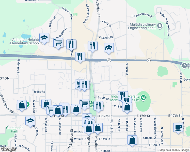 map of restaurants, bars, coffee shops, grocery stores, and more near 2038 North Walnut Street in Bloomington