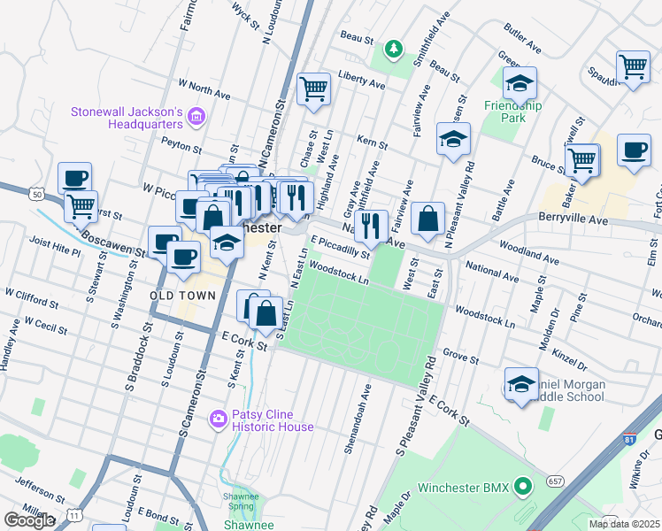 map of restaurants, bars, coffee shops, grocery stores, and more near 332 Woodstock Lane in Winchester