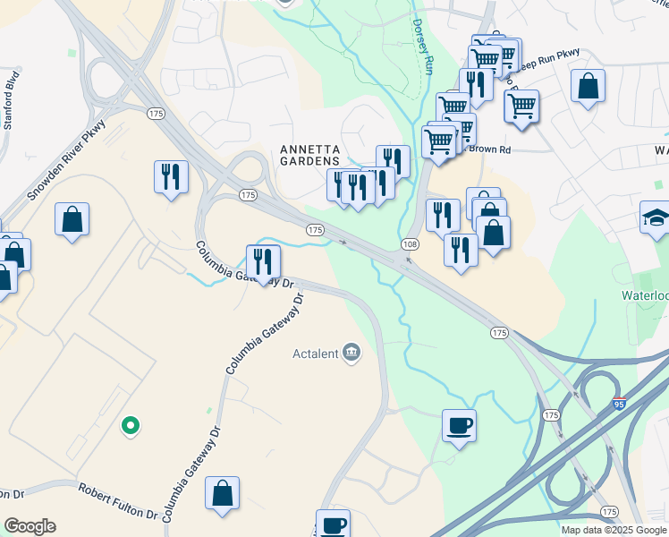 map of restaurants, bars, coffee shops, grocery stores, and more near 6751 Columbia Gateway Drive in Columbia
