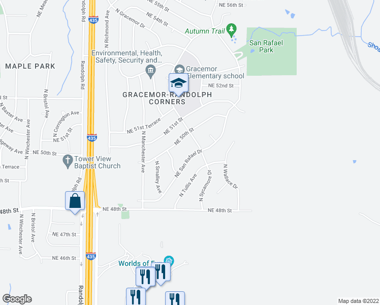 map of restaurants, bars, coffee shops, grocery stores, and more near 8044 Northeast San Rafael Drive in Kansas City