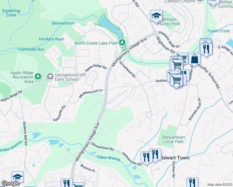 map of restaurants, bars, coffee shops, grocery stores, and more near 9547 Duffer Way in Gaithersburg