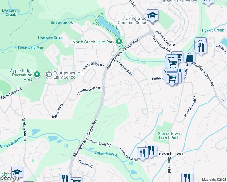map of restaurants, bars, coffee shops, grocery stores, and more near 9547 Duffer Way in Gaithersburg