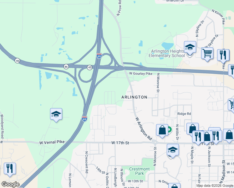 map of restaurants, bars, coffee shops, grocery stores, and more near 1403 Hickory Lane in Bloomington
