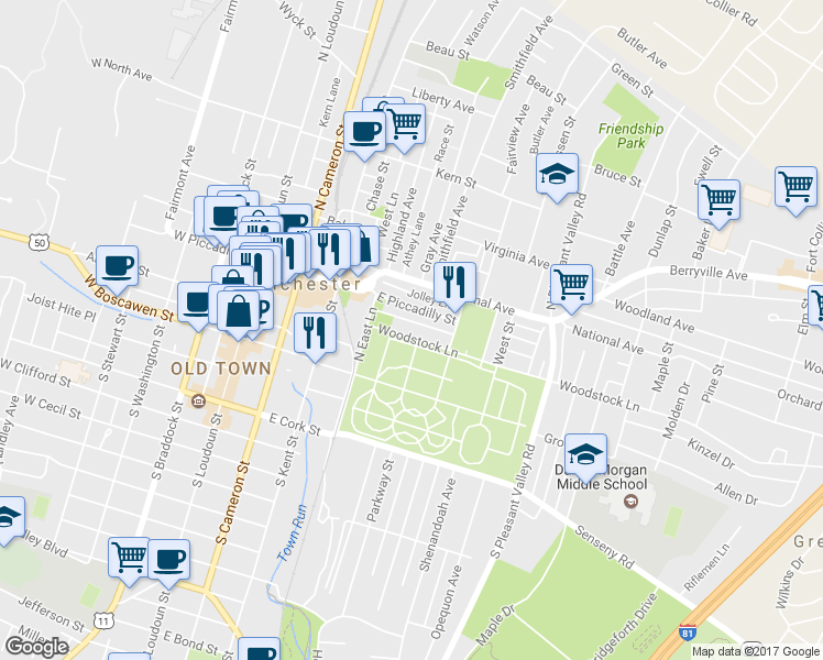 map of restaurants, bars, coffee shops, grocery stores, and more near 344 Woodstock Lane in Winchester