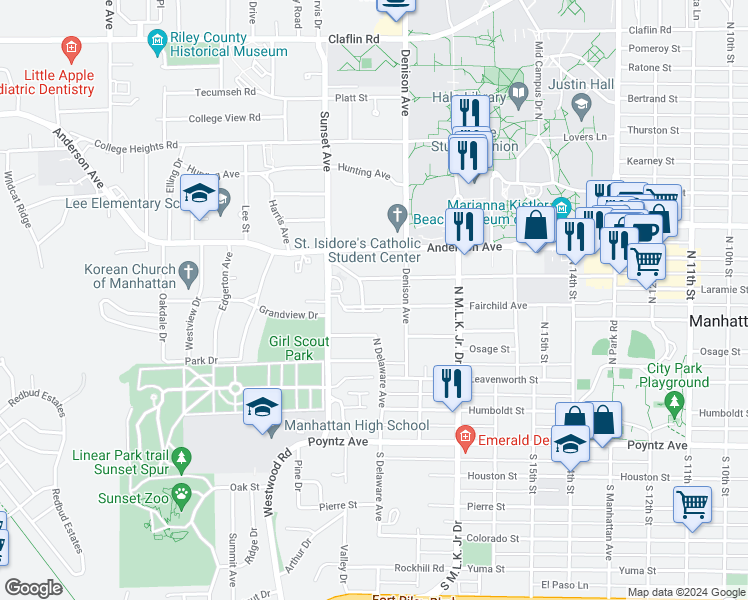 map of restaurants, bars, coffee shops, grocery stores, and more near 1830 Fairchild Avenue in Manhattan