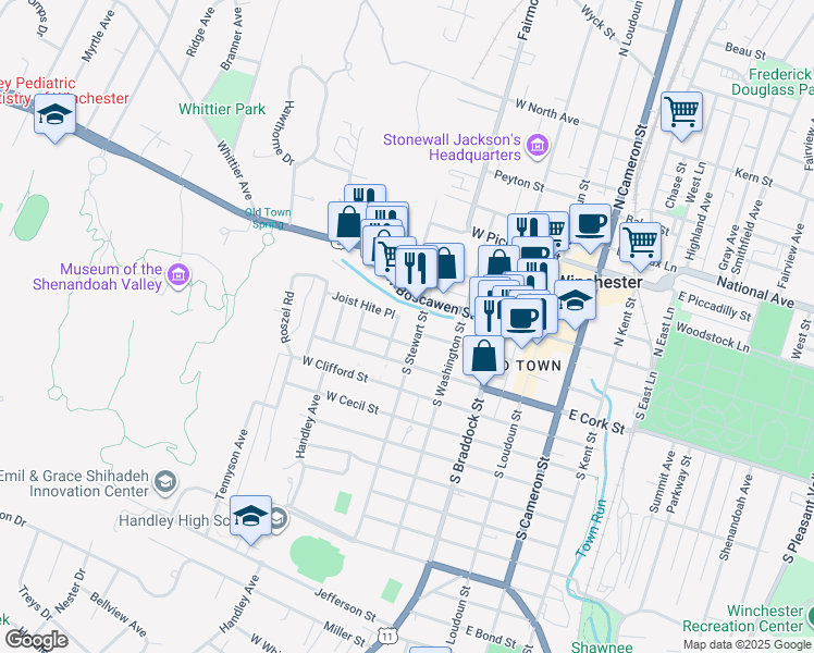 map of restaurants, bars, coffee shops, grocery stores, and more near 15 South Stewart Street in Winchester