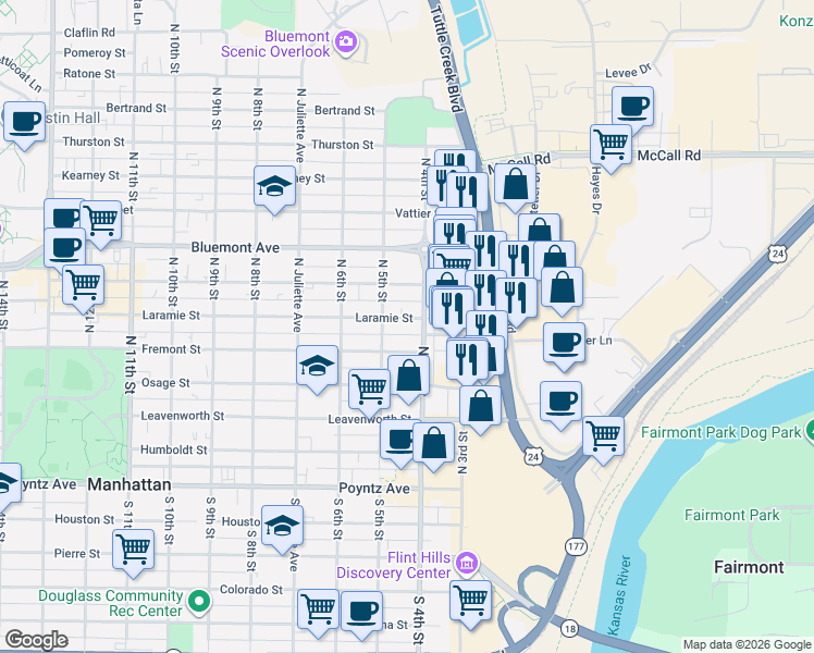 map of restaurants, bars, coffee shops, grocery stores, and more near 411 Laramie Street in Manhattan