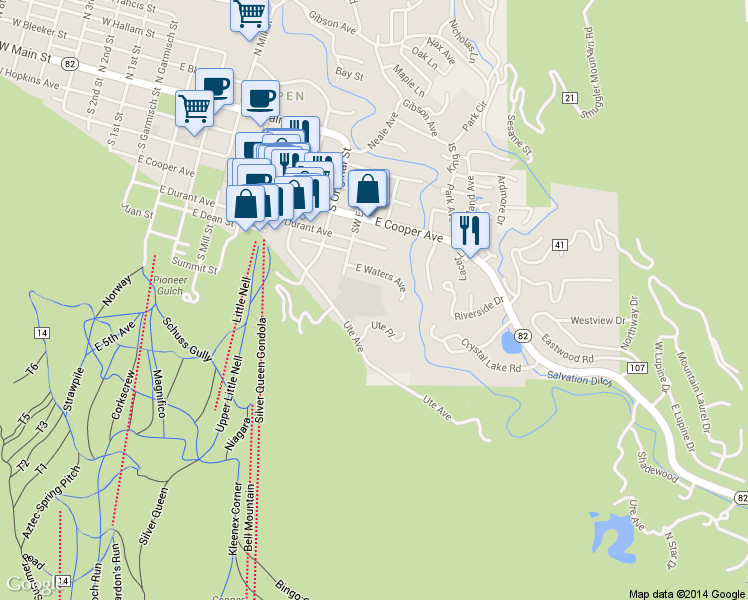 map of restaurants, bars, coffee shops, grocery stores, and more near 610 South West End Street in Aspen