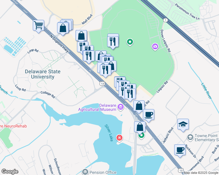 map of restaurants, bars, coffee shops, grocery stores, and more near 1045 U.S. 13 in Dover