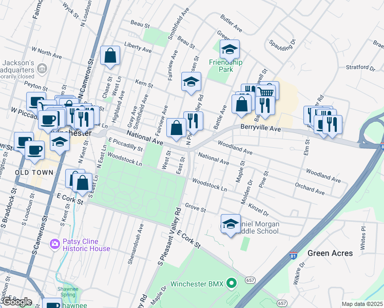 map of restaurants, bars, coffee shops, grocery stores, and more near 601 Berryville Avenue in Winchester