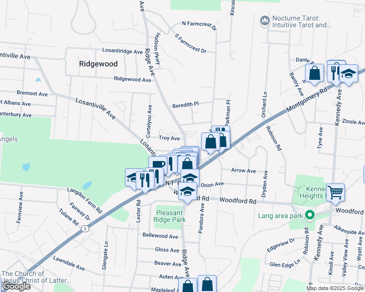 map of restaurants, bars, coffee shops, grocery stores, and more near 6165 Ridge Avenue in Cincinnati